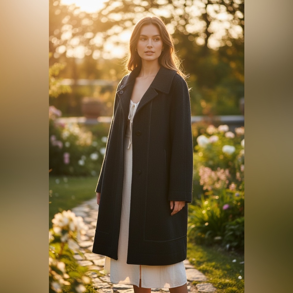 Hilary Radley 100% Boiled Wool A Line Pea Coat with Leather Trim Detail Black - Picture 2 of 12